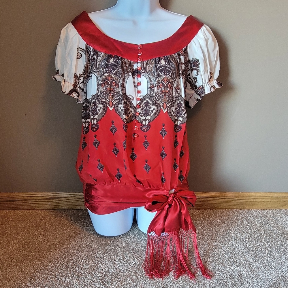 Bebe Silk Dressy Fringed Short Sleeved Blouse Size XS